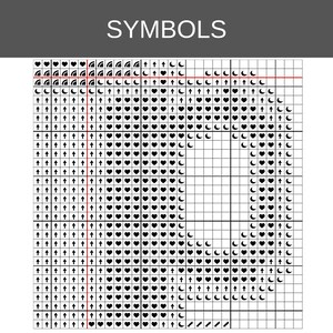 Puede incluir: Un patr&oacute;n de punto de cruz con el t&iacute;tulo SYMBOLS en la parte superior, que presenta una cuadr&iacute;cula llena de iconos negros que incluyen corazones, flechas hacia arriba y lunas crecientes. El dise&ntilde;o se organiza con l&iacute;neas negras y una roja.