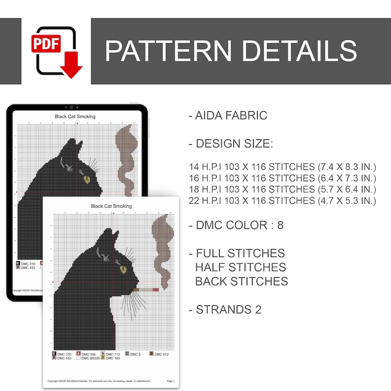 May include: A cross-stitch pattern featuring a black cat smoking a cigarette, with yellow eyes and a gray smoke trail. The design size is provided in inches. The pattern details include DMC color, stitch types, and fabric information.