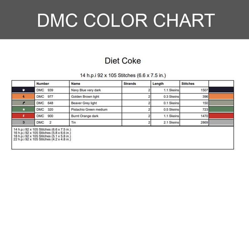 May include: A DMC color chart for a Diet Coke cross stitch pattern. The table lists thread numbers, names, strand counts, skein lengths, and stitch counts for colors including navy blue, golden brown, beaver grey, pistachio green, and burnt orange.