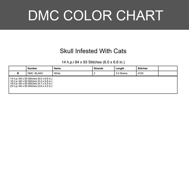 May include: A DMC color chart for a pattern titled Skull Infested With Cats. The table lists DMC BLANC, white color, 2 strands, 3.5 skeins, and 4720 stitches. It includes dimensions for 14, 16, 18, and 22 h.p.i. ranging from 6.0 x 6.6 in. to 3.8 x 4.2 in.