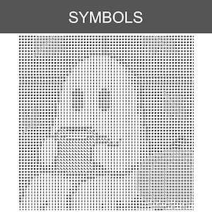 Peut inclure: Une grille carr&eacute;e &eacute;tiquet&eacute;e SYMBOLS en haut, pr&eacute;sentant une disposition dense d'ic&ocirc;nes noires comprenant de petites fleurs, des triangles, des cercles et des lignes horizontales sur un fond blanc, organis&eacute;e en une disposition r&eacute;p&eacute;titive.