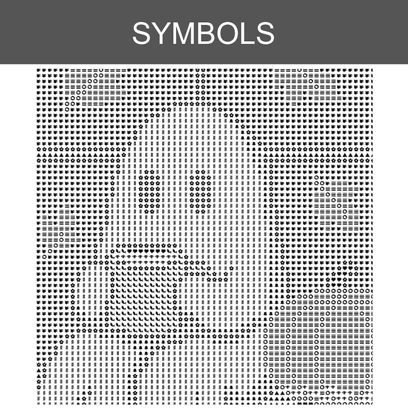 Peut inclure: Une grille carr&eacute;e &eacute;tiquet&eacute;e SYMBOLS en haut, pr&eacute;sentant une disposition dense d'ic&ocirc;nes noires comprenant de petites fleurs, des triangles, des cercles et des lignes horizontales sur un fond blanc, organis&eacute;e en une disposition r&eacute;p&eacute;titive.