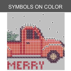 May include: A diamond painting pattern featuring a red truck carrying a green tree on a gray background. The design includes the text SYMBOLS ON COLOR at the top and MERRY at the bottom, with various geometric symbols overlaid on the truck and tree.