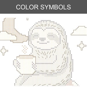 May include: A cross-stitch pattern chart titled COLOR SYMBOLS featuring a sloth holding a mug, surrounded by a moon, clouds, and stars. The design is composed of alphanumeric characters and symbols on a grid, indicating specific thread colors.