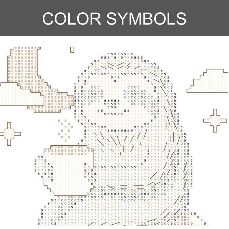 May include: A cross-stitch pattern chart titled COLOR SYMBOLS featuring a sloth holding a mug, surrounded by a moon, clouds, and stars. The design is composed of alphanumeric characters and symbols on a grid, indicating specific thread colors.