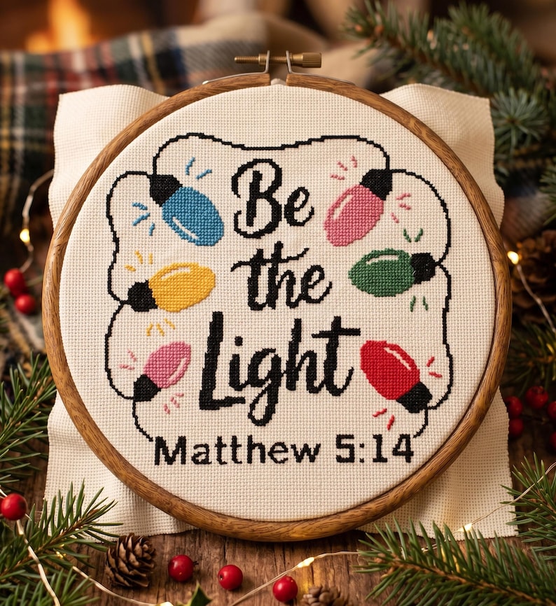 Może przedstawiać: Okrągły drewniany tamborek z białą tkaniną i wzorem wykonanym ściegiem krzyżykowym. Napis Be the Light Matthew 5:14 wyhaftowano czarną nicią, otaczając go sznurem kolorowych żar&oacute;wek w odcieniach niebieskim, ż&oacute;łtym, r&oacute;żowym, zielonym i czerwonym.