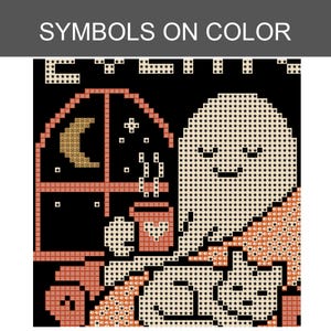 May include: A cross-stitch pattern titled SYMBOLS ON COLOR featuring a black background with a white ghost holding a mug, a cat, and an arched window showing a crescent moon and stars. The design uses peach, white, and black pixelated elements.
