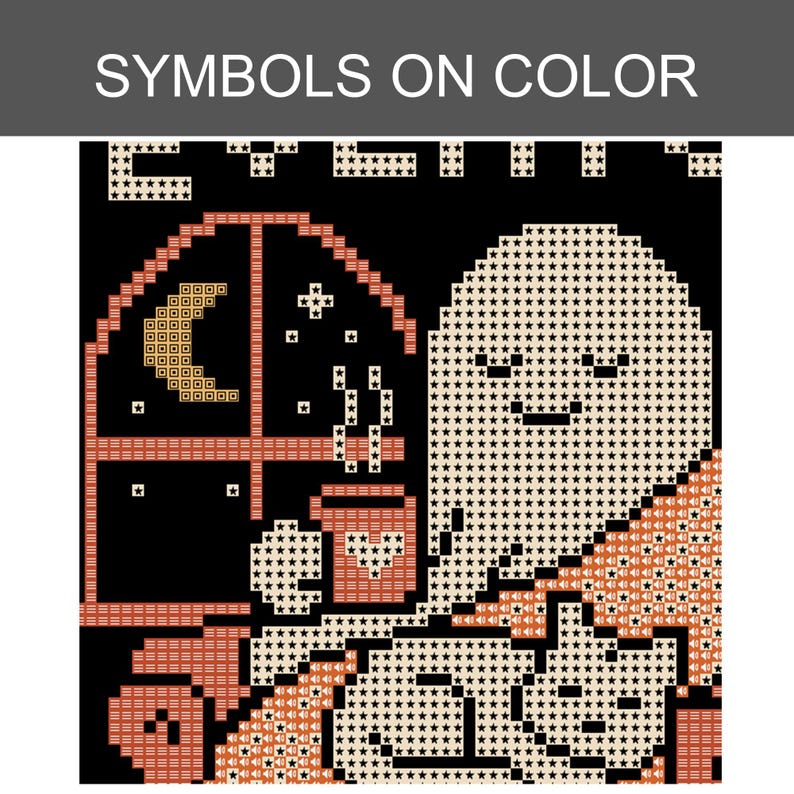 May include: A cross-stitch pattern titled SYMBOLS ON COLOR featuring a black background with a white ghost holding a mug, a cat, and an arched window showing a crescent moon and stars. The design uses peach, white, and black pixelated elements.
