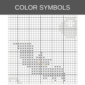 Pu&ograve; includere: Uno schema per punto croce intitolato COLOR SYMBOLS su una griglia. Il design include icone nere del segnale Wi-Fi, due piccoli cuori arancioni e icone di tazze da caff&egrave; grigio chiaro disposte in sezioni specifiche sulla griglia bianca.