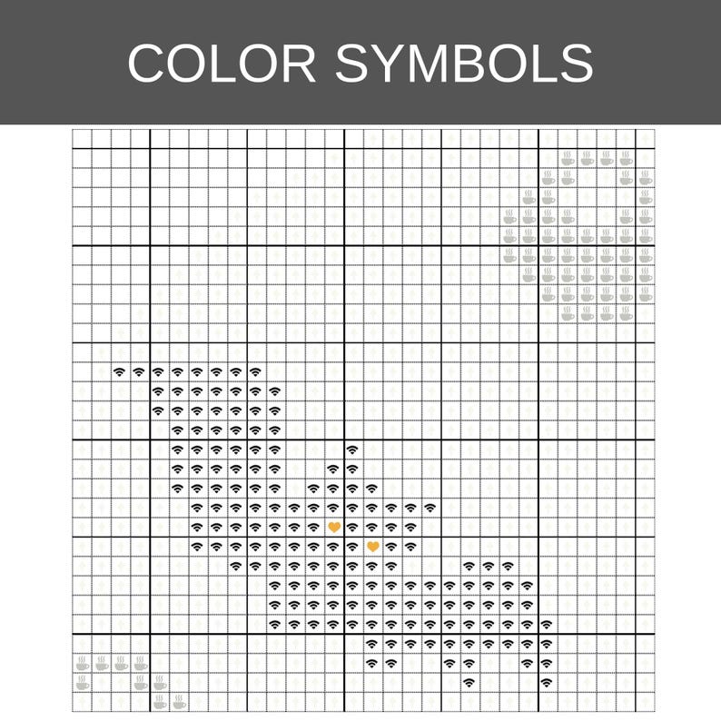 Pu&ograve; includere: Uno schema per punto croce intitolato COLOR SYMBOLS su una griglia. Il design include icone nere del segnale Wi-Fi, due piccoli cuori arancioni e icone di tazze da caff&egrave; grigio chiaro disposte in sezioni specifiche sulla griglia bianca.