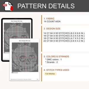 May include: A digital cross-stitch pattern titled Skull Infested With Cats, featuring a grid design. Details include 14 count Aida fabric, design sizes ranging from 6.0 x 6.6 inches to 3.8 x 4.2 inches, 1 DMC color, 2 strands, and full stitches.