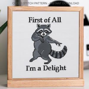 May include: Cross-stitch design in a wooden frame, depicting a raccoon with the text "First of All I'm a Delight". The raccoon is in shades of grey and black, set against a white background.