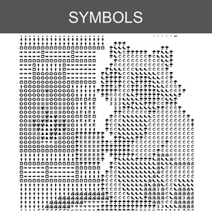 Puede incluir: Un gr&aacute;fico de patr&oacute;n de punto de cruz en blanco y negro titulado SYMBOLS, que presenta una cuadr&iacute;cula llena de varios iconos que incluyen flechas, cuadrados, c&iacute;rculos, paraguas, letras y n&uacute;meros, organizados en un dise&ntilde;o estructurado para proyectos de costura.