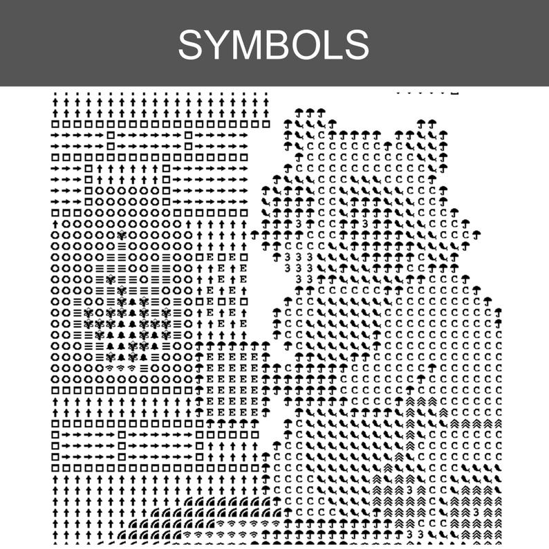 Puede incluir: Un gr&aacute;fico de patr&oacute;n de punto de cruz en blanco y negro titulado SYMBOLS, que presenta una cuadr&iacute;cula llena de varios iconos que incluyen flechas, cuadrados, c&iacute;rculos, paraguas, letras y n&uacute;meros, organizados en un dise&ntilde;o estructurado para proyectos de costura.