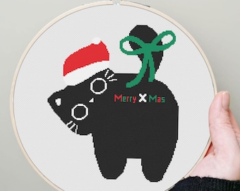 Punto de cruz de gato negro gracioso – Punto de cruz de gatito navideño – Descarga digital instantánea