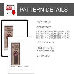 K&ouml;nnte beinhalten: Ein PDF-Dokument mit Details zu einem Kreuzstichmuster. Das Design zeigt einen Pfotenabdruck mit dem Text "You pawsed here". Designgr&ouml;&szlig;en sind in Zoll angegeben. Enth&auml;lt Informationen zu Aida-Stoff, DMC-Farbe und Sticharten.