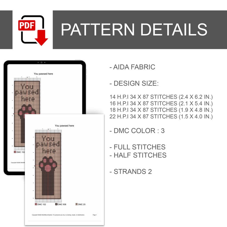 K&ouml;nnte beinhalten: Ein PDF-Dokument mit Details zu einem Kreuzstichmuster. Das Design zeigt einen Pfotenabdruck mit dem Text "You pawsed here". Designgr&ouml;&szlig;en sind in Zoll angegeben. Enth&auml;lt Informationen zu Aida-Stoff, DMC-Farbe und Sticharten.