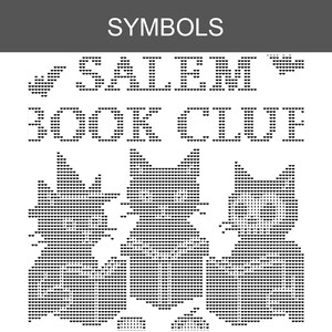 Puede incluir: Un patr&oacute;n de punto de cruz en blanco y negro con el texto SYMBOLS en la parte superior, seguido de SALEM BOOK CLUB. Debajo del texto hay tres figuras de gatos estilizadas representadas en un dise&ntilde;o de corazones pixelados, una al lado de otra.