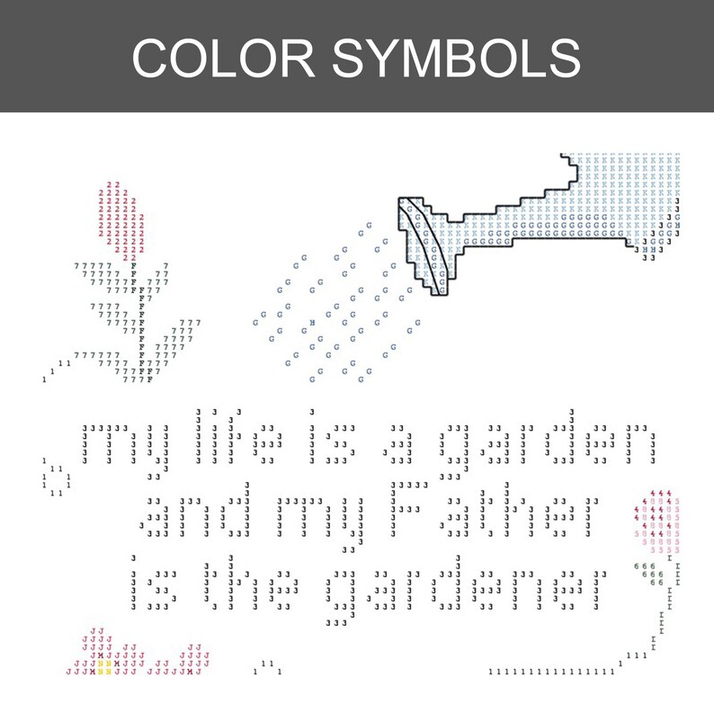 Op de afbeelding: Een kruissteekpatroon met de titel COLOR SYMBOLS, voorzien van een gieter, bloemen en de tekst: my life is a garden and my father is the gardener. Het ontwerp gebruikt alfanumerieke symbolen om de borduurkleuren aan te duiden.