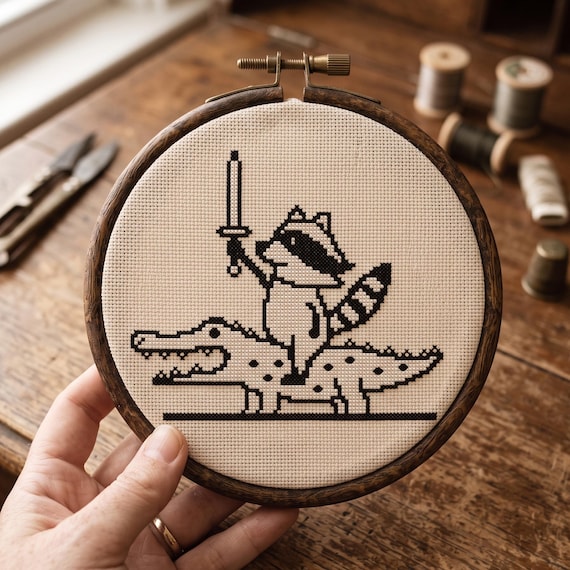 Funny Raccoon Riding Alligator Cross Stitch Pattern, Funny Needlepoint, Instant Download PDF