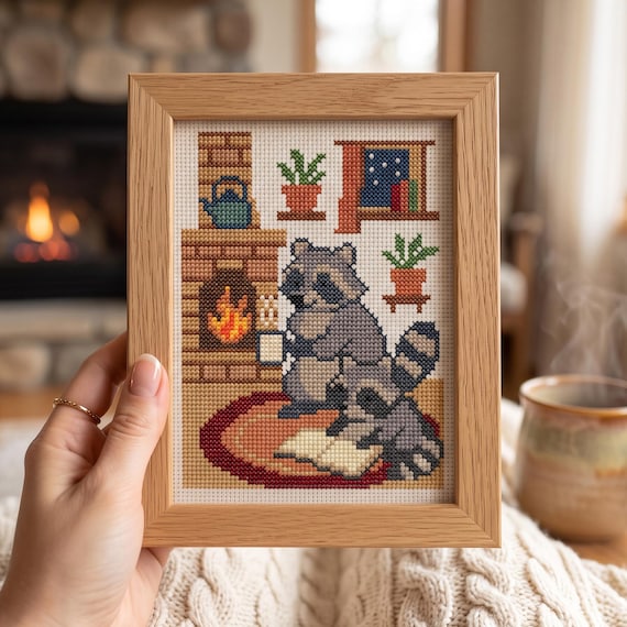 Raccoon Cross Stitch Pattern, Vintage Flower Embroidery, Instant Download