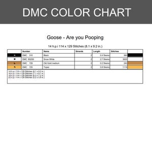 May include: A DMC color chart for a cross-stitch pattern titled Goose - Are you Pooping. The table lists DMC thread numbers 310, B5200, 729, and 725 with corresponding names, strand counts, skein lengths, and stitch counts for 14 h.p.i. sizing.