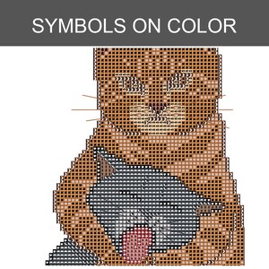 Puede incluir: Un patr&oacute;n de punto de cruz titulado SYMBOLS ON COLOR que muestra un gato grande de color naranja con un gato gris m&aacute;s peque&ntilde;o delante. El dise&ntilde;o utiliza una cuadr&iacute;cula de cuadrados rellenos con s&iacute;mbolos negros para indicar los colores.