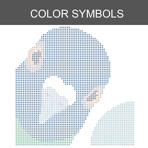 May include: A cross-stitch pattern chart titled COLOR SYMBOLS featuring a grid of blue, white, and green icons. The design displays a rounded shape with distinct areas marked by letters and numbers, including small red and black detailed sections.