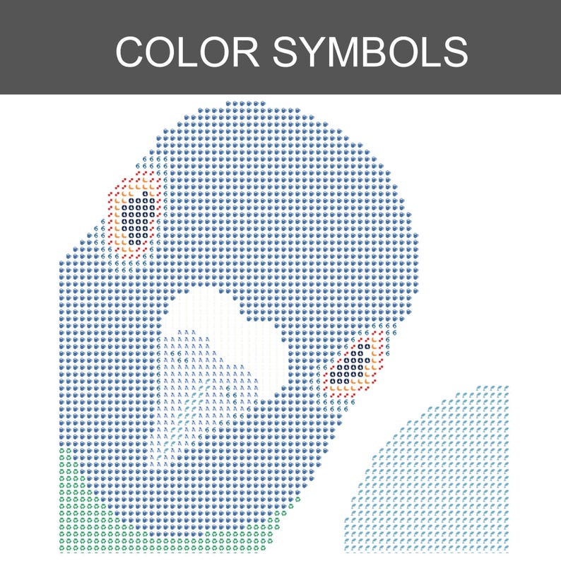 May include: A cross-stitch pattern chart titled COLOR SYMBOLS featuring a grid of blue, white, and green icons. The design displays a rounded shape with distinct areas marked by letters and numbers, including small red and black detailed sections.