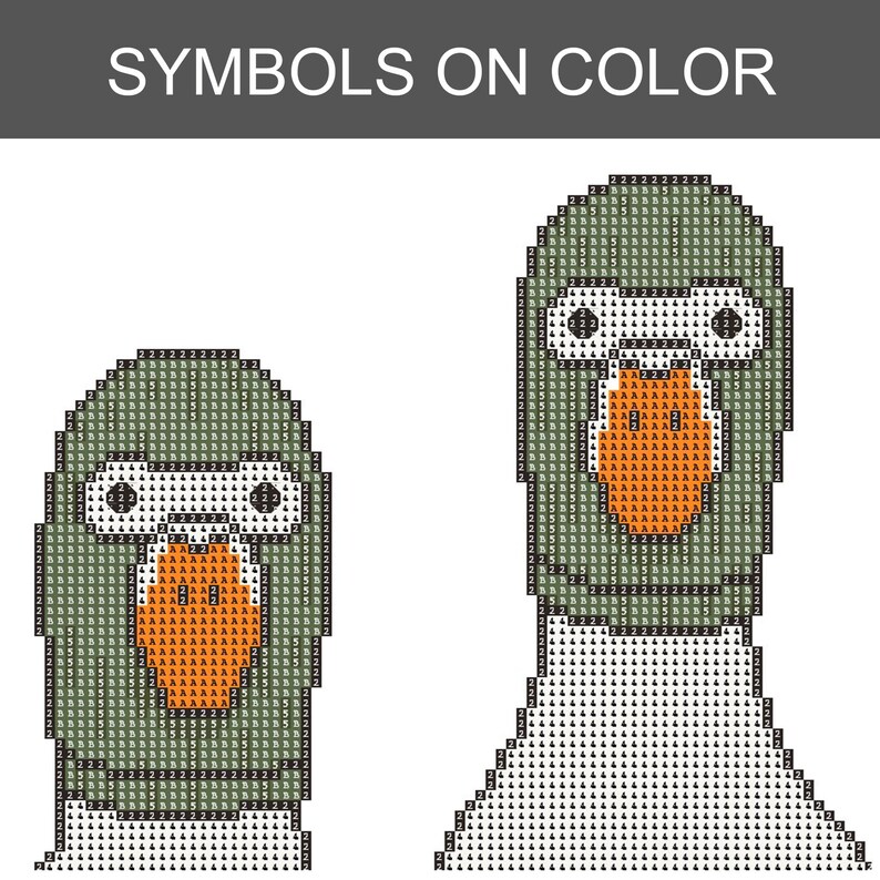 Peut inclure: Un motif en pixel art intitul&eacute; SYMBOLS ON COLOR repr&eacute;sentant deux t&ecirc;tes de canard compos&eacute;es de petits carr&eacute;s avec des codes alphanum&eacute;riques. Les canards sont rendus dans des tons de vert, blanc et orange, avec des contours noirs et des symboles.