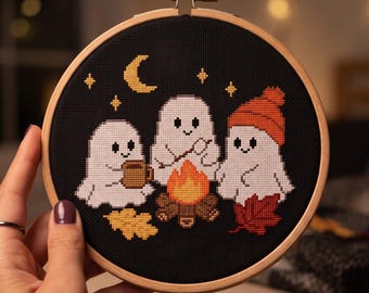 Ghosts Campfire Cross Stitch Pattern, Rozing Marshmallows Autumn Night Needlepoint Chart, Spooky Season Cozy Fall Craft Digital Download