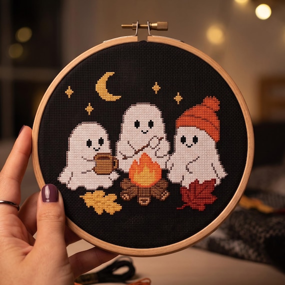 Ghosts Campfire Cross Stitch Pattern, Rozing Marshmallows Autumn Night Needlepoint Chart, Spooky Season Cozy Fall Craft Digital Download