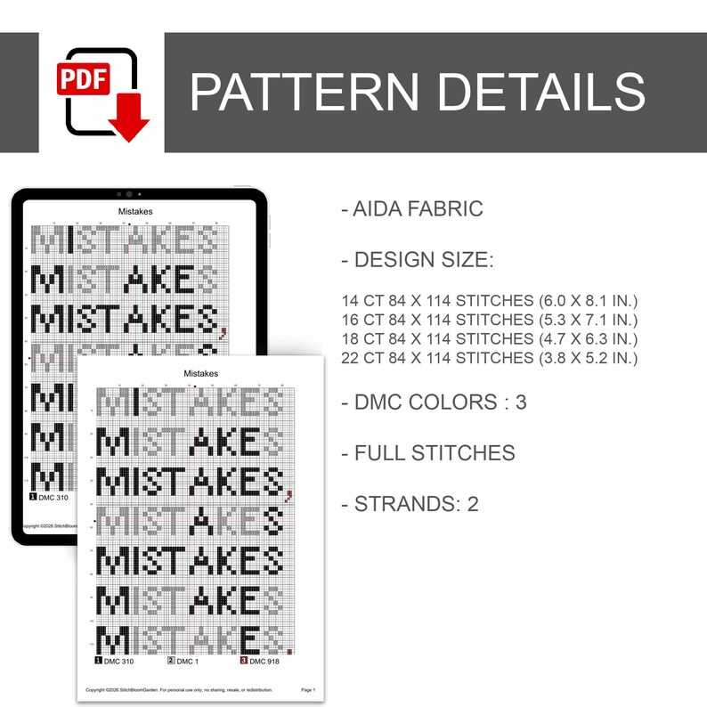 K&ouml;nnte beinhalten: Ein digitales Kreuzstichmuster mit dem Titel Mistakes, das ein Rasterlayout des Wortes MISTAKES in Schwarz und Grau zeigt. Details umfassen Aida-Stoff, 3 DMC-Farben, ganze Stiche, 2 F&auml;den und Gr&ouml;&szlig;en f&uuml;r 14, 16, 18 und 22 Count Stoff.