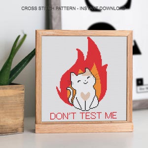 Pu&ograve; includere: Schema a punto croce in una cornice di legno. Il disegno presenta un gatto bianco con un marchio a forma di cuore, seduto di fronte a una fiamma rossa e arancione. Il testo "DON'T TEST ME" &egrave; sotto il gatto. La parte superiore della cornice recita "CROSS STITCH PATTERN - INSTANT DOWNLOAD".