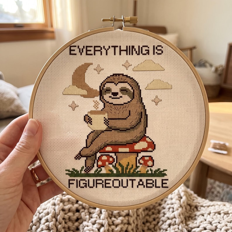 May include: A circular wooden embroidery hoop containing a cross-stitch design of a brown sloth sitting on a red and white spotted mushroom, holding a mug. The text reads EVERYTHING IS FIGUREOUTABLE, with a crescent moon and clouds in the background.