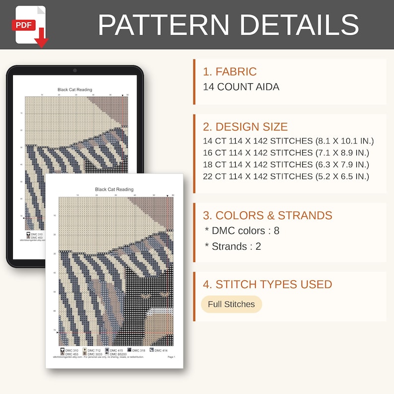 Op de afbeelding: Een digitaal kruissteekpatroon genaamd Black Cat Reading, weergegeven op een tablet en een geprint vel. Details omvatten 14-count Aida-stof, patroonafmetingen van 20,6 x 25,7 cm tot 13,2 x 16,5 cm, 8 DMC-kleuren, 2 draden en volledige kruissteken.