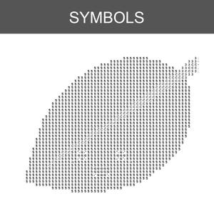 Puede incluir: Un gr&aacute;fico digital titulado SYMBOLS que muestra una gran forma de hoja construida a partir de una cuadr&iacute;cula de caracteres negros repetidos, incluyendo el n&uacute;mero 5, la letra C, la letra G y la letra D sobre un fondo blanco.