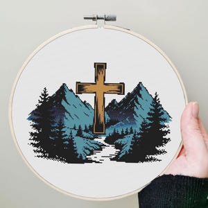 Cross Mountain Cross Stitch Pattern, Christian Landscape PDF, Christian Cross Stitch, Digital Embroidery, Needlework Digital Download