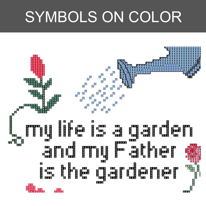 Op de afbeelding: Een kruissteekpatroon met een blauwe gieter, twee rode bloemen met groene stelen en de tekst "My life is a garden and my Father is the gardener" in zwarte letters. Het ontwerp gebruikt rastergebaseerde symbolen op een witte achtergrond.