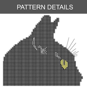May include: A pixelated black and white image of a cat's head, with the text "PATTERN DETAILS" at the top. The cat's eye is a yellow square with the number "3" inside. The image is likely a cross-stitch or pixel art pattern.