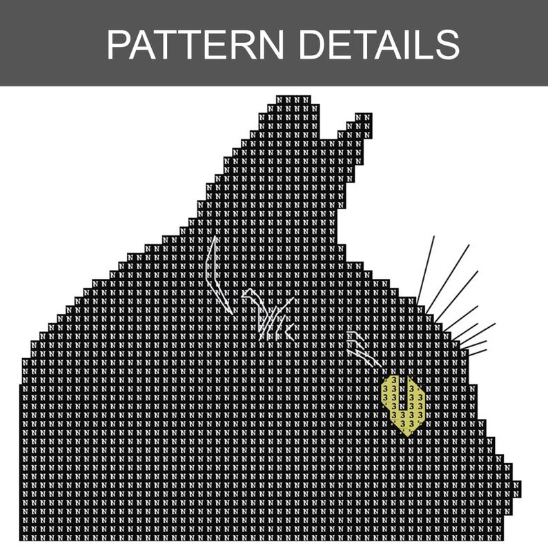 May include: A pixelated black and white image of a cat's head, with the text "PATTERN DETAILS" at the top. The cat's eye is a yellow square with the number "3" inside. The image is likely a cross-stitch or pixel art pattern.