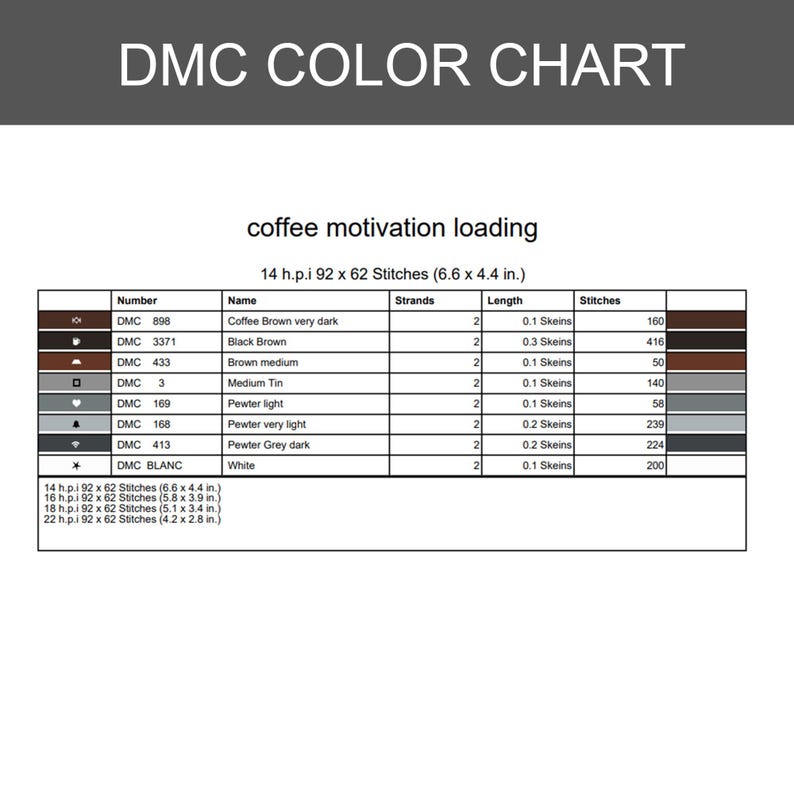 Puede incluir: Una tabla de colores DMC para un patr&oacute;n de punto de cruz titulado coffee motivation loading. La tabla enumera n&uacute;meros de hilo, nombres, n&uacute;mero de hebras, longitudes en madejas y conteo de puntadas para colores como marr&oacute;n, esta&ntilde;o y blanco.