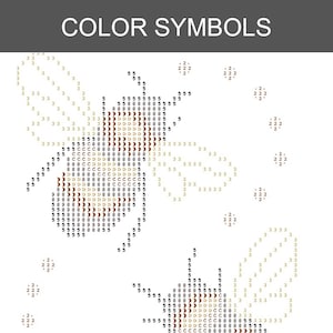 May include: A cross-stitch pattern chart titled COLOR SYMBOLS featuring two bees rendered with alphanumeric characters and symbols. The design uses numbers 2, 3, 5, 8, and letters C and D to represent different colors for the bee bodies and wings.