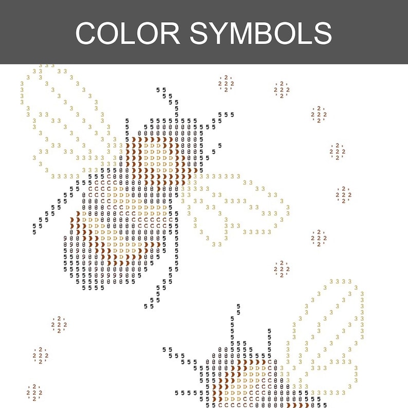 May include: A cross-stitch pattern chart titled COLOR SYMBOLS featuring two bees rendered with alphanumeric characters and symbols. The design uses numbers 2, 3, 5, 8, and letters C and D to represent different colors for the bee bodies and wings.