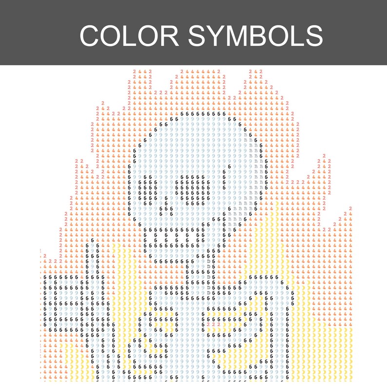 May include: A diamond painting pattern labeled COLOR SYMBOLS featuring a grid of numbers and letters. The design depicts a skull surrounded by flames, using a color-coded system of black, red, orange, and yellow symbols on a white background.