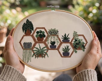 Houseplant Cross Stitch Pattern PDF, Hexagon Plant Shelf, Botanical Xstitch, Boho Plant Cross Stitch, Instant Download