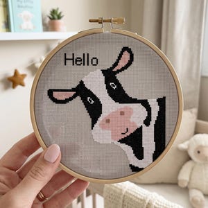 Peeking Cow Cross Stitch Pattern, Funny Farm Animal Embroidery PDF, Beginner Friendly image 2