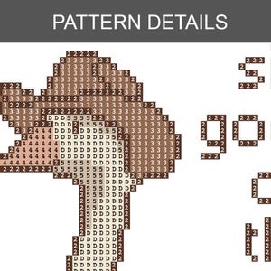 Op de afbeelding: Een gepixelde patroontabel met de tekst "PATTERN DETAILS" bovenaan. De tabel gebruikt verschillende getallen en letters om een ontwerp te cre&euml;ren, met een kleurenpalet van bruin- en beigetinten.