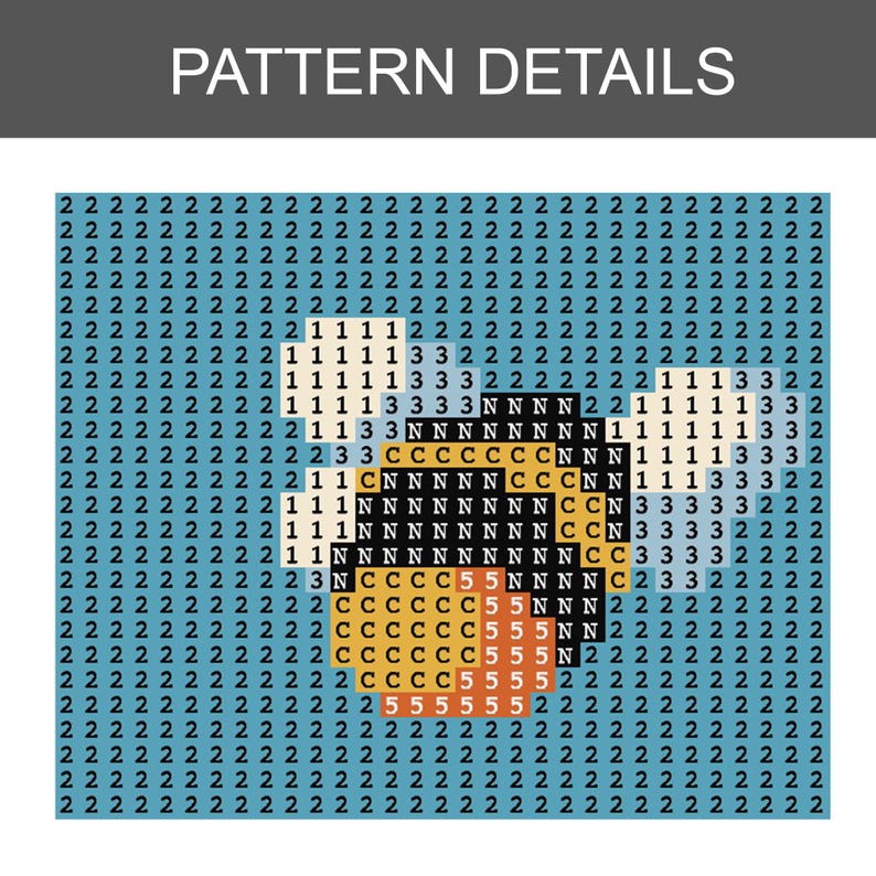 K&ouml;nnte beinhalten: Ein pixeliges Muster mit dem Text "PATTERN DETAILS" oben. Das Muster ist haupts&auml;chlich blau mit gelben, schwarzen und orangefarbenen Elementen. Das Design sieht aus wie eine digitale Grafik oder ein Kreuzstichmuster.