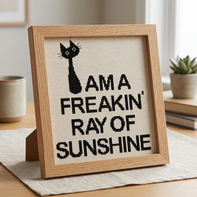 Black Cat Cross Stitch Pattern, I am a Freakin Ray of Sunshine, Instant Digital Download image 1
